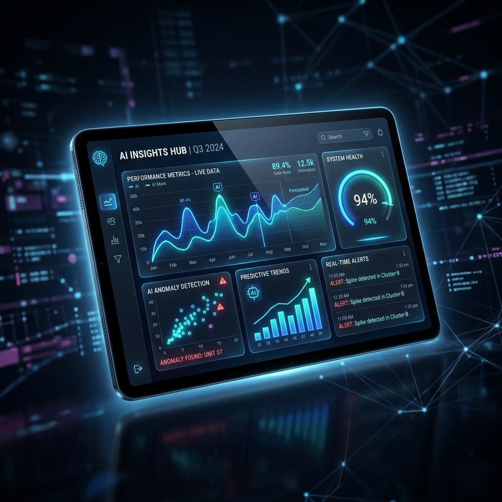 AI analytics dashboard shown on a tablet